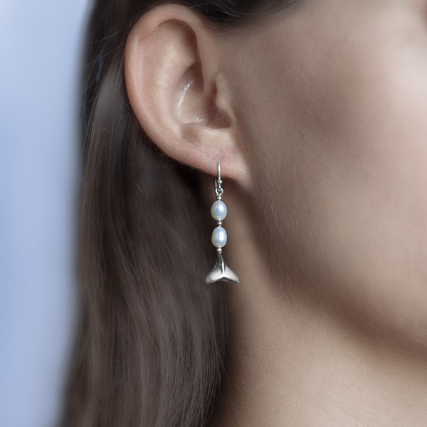 Sterling Silver and White Pearl Whale Tail Earrings