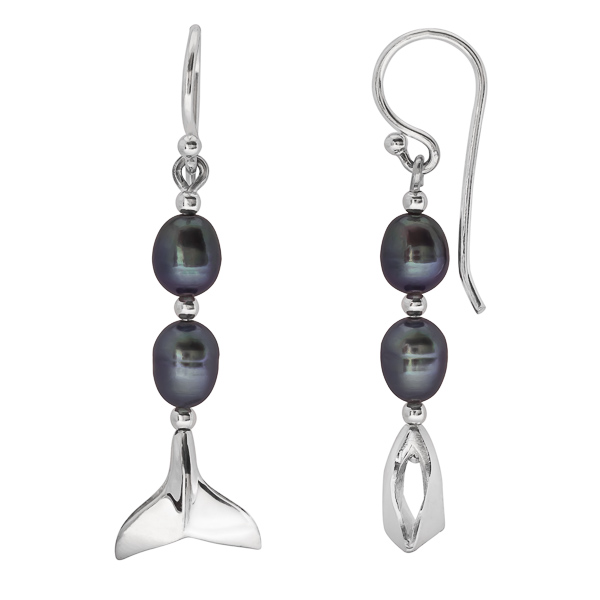 Sterling Silver and Black Freshwater Pearl Whale Tail Drop Earrings