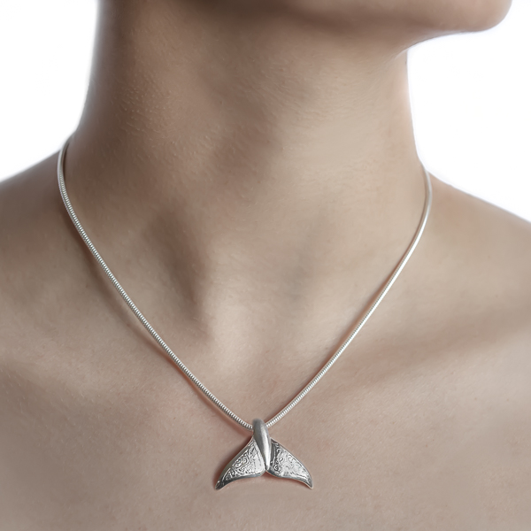 Silver Engraved Fluke Whale Tail Necklace