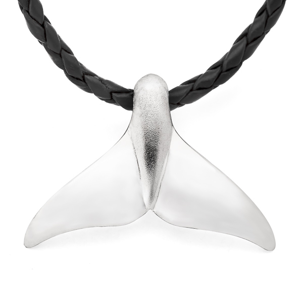 Sterling Silver Whale Tail Necklace on Black Leather Chain