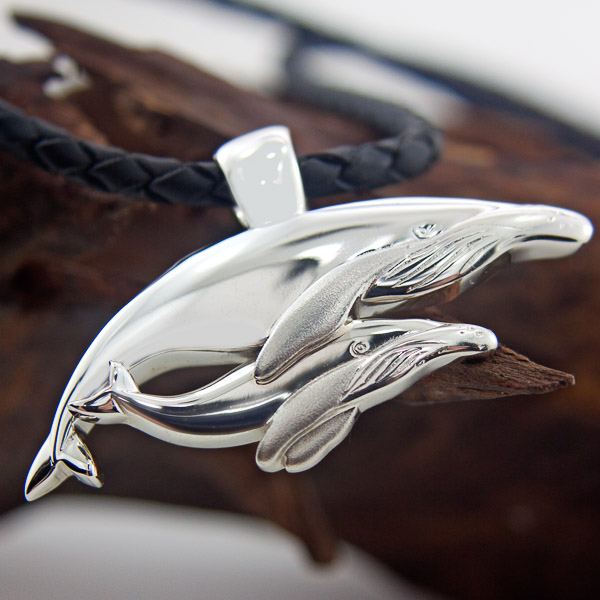 Sterling Silver Humpback Whale Mother and Calf Pendant Necklace