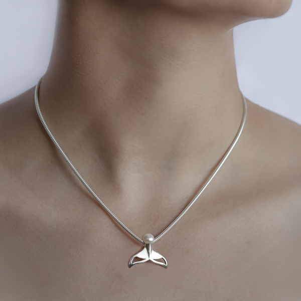 Silver Pearl Whale Tail Necklace on sterling silver chain