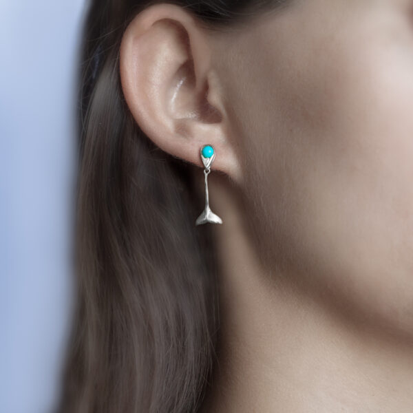 Silver and Turquoise Whale Tail Fluke Drop Earrings in Sterling Silver by World Treasure Designs