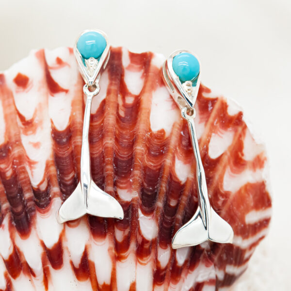 Whale Tail Fluke Drop Earrings with Turquoise Stone in Sterling Silver by World Treasure Designs