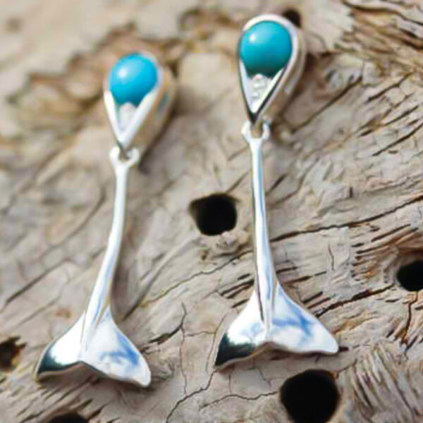 Whale Tail Fluke Drop Turquoise Earrings in Sterling Silver by World Treasure Designs