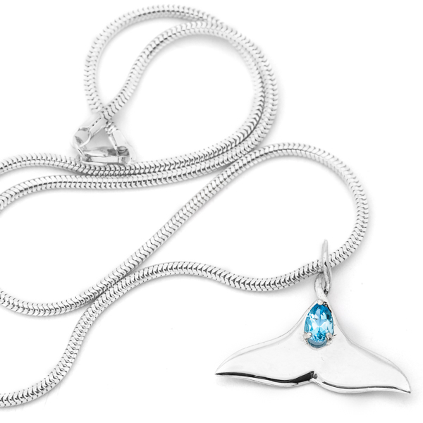 Sterling Silver Whale Tail Necklace Blue Topaz by World Treasure