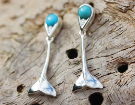 Sterling silver whale tail drop earrings set with single turquoise stone