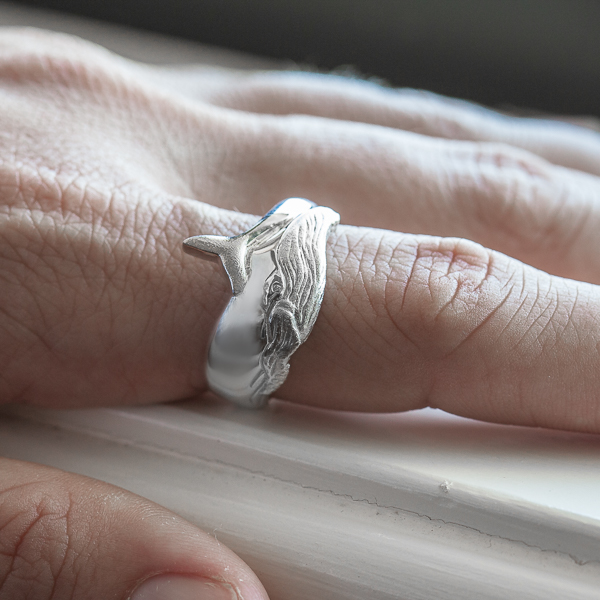 Sterling Silver Humpback Whale Ring on Hand Model