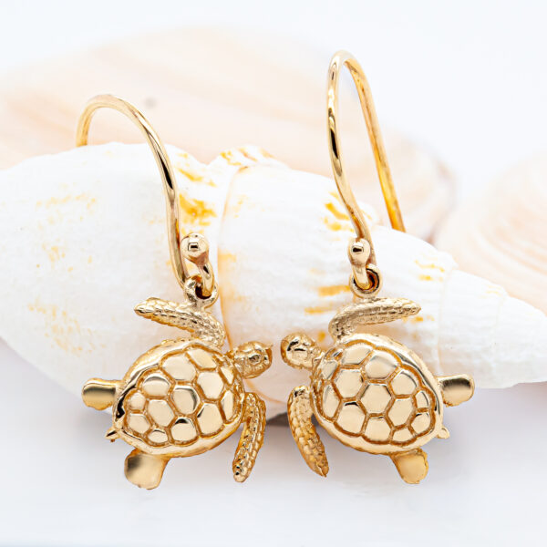 Sea Turtle Drop Earrings in Yellow Gold by World Treasure Designs