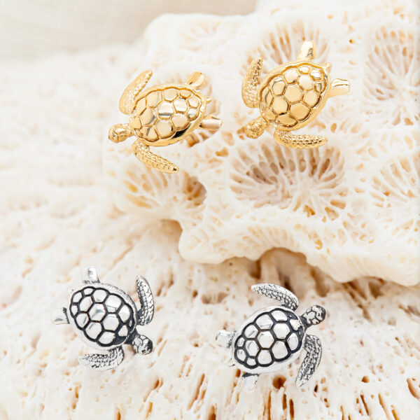 Sea Turtle Studs in Sterling Silver and Yellow Gold by World Treasure Designs