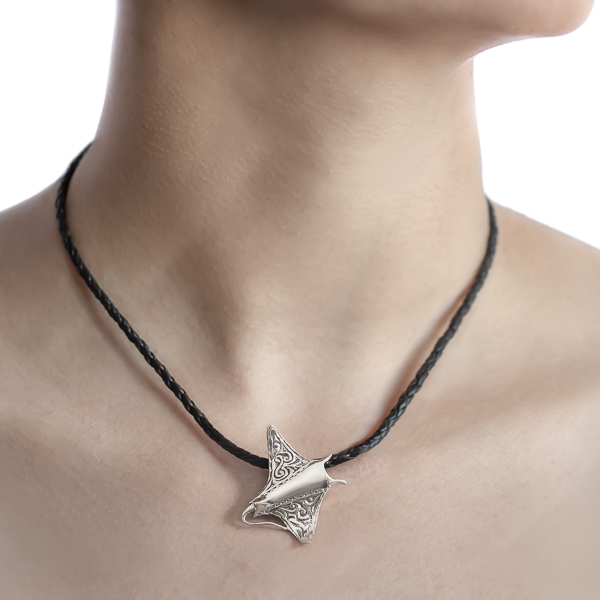 Sterling Silver Manta Ray Pendant on Black Leather Necklace