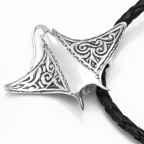 Sterling Silver Engraved Manta Ray Pendant on Black Leather Necklace