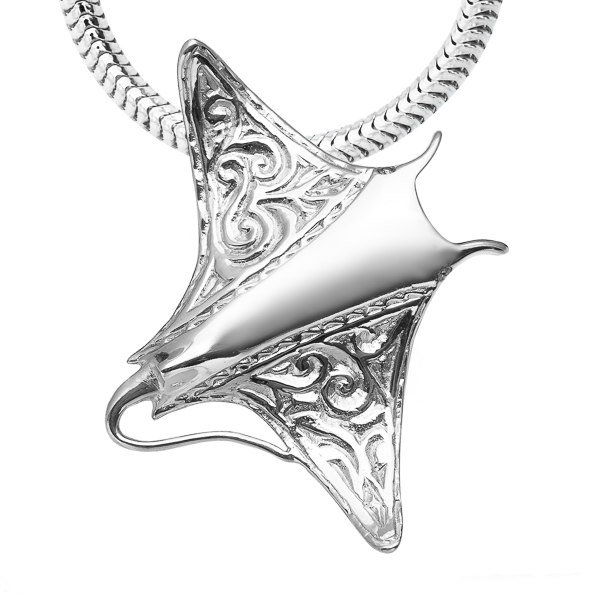 Sterling Silver Engraved Manta Ray Pendant on Sterling Silver Necklace