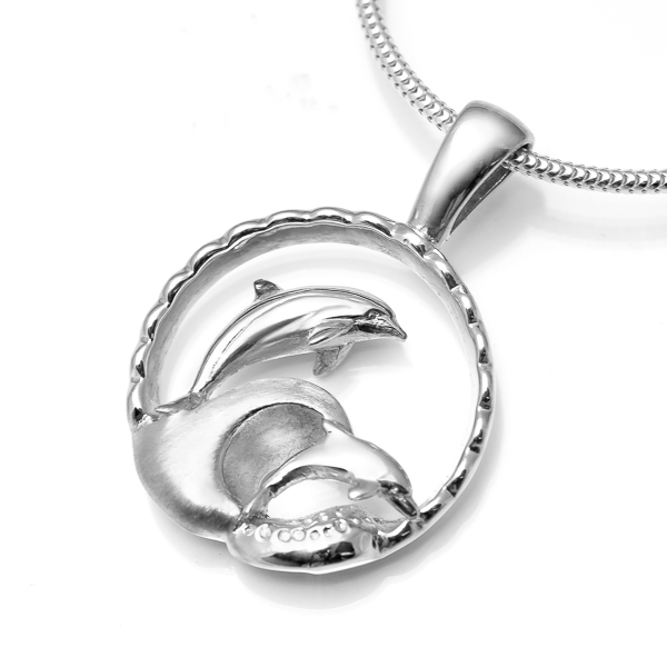 Sterling Silver Mother and Calf Playful Dolphin Necklace by World Treasure