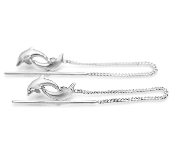 Silver Dolphin Thread Earrings Ocean Jewelry by World Treasure