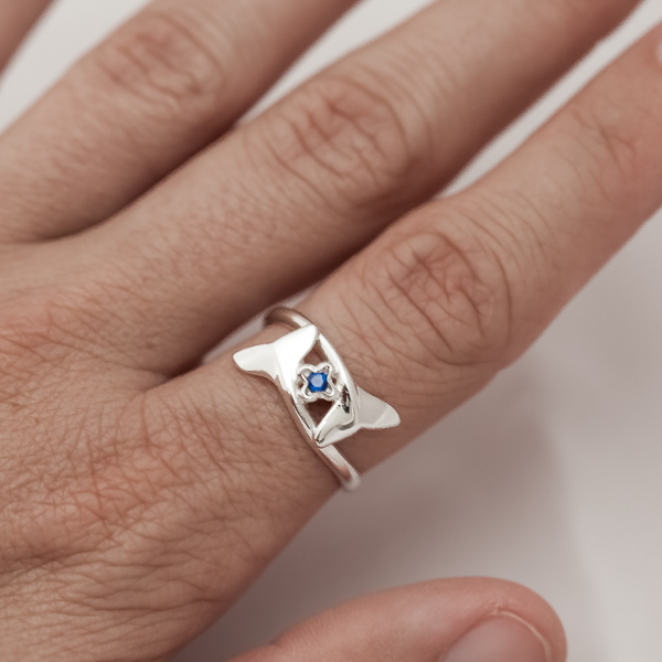 Silver and Blue Sapphire Whale Tail Ring by World Treasure