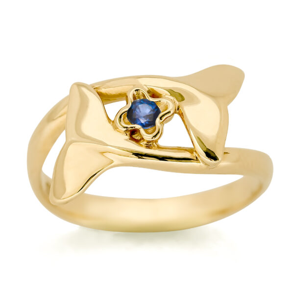 Sapphire Double Fluke Embrace and Protect Whale Tail Ring in Yellow Gold by World Treasure Designs
