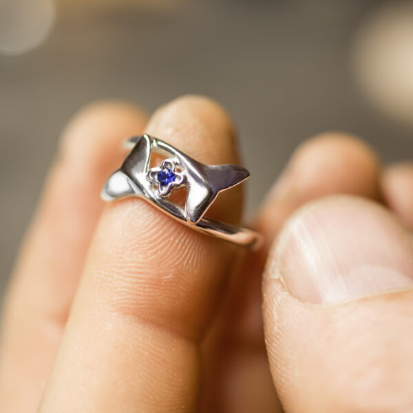 Sapphire Embrace and Protect Whale Tail Ring in Sterling Silver by World Treasure Designs