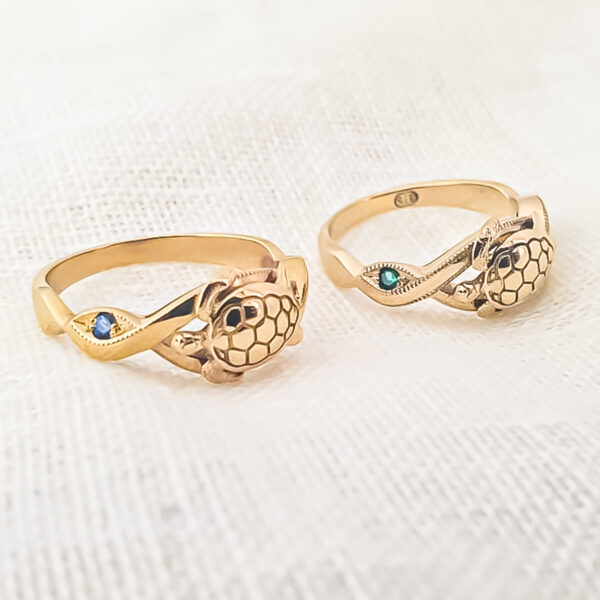 Sea Turtle Rings with Sapphire Gemstones in Yellow Gold by World Treasure Designs