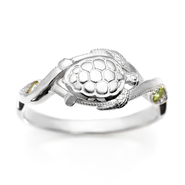 Sea Turtle Ring Sterling Silver and Peridot by World Treasure