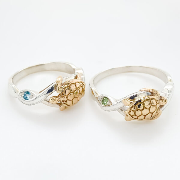 Sea Turtle Rings Two Toned with Blue Topaz and Peridot in Sterling Silver and Yellow Gold by World Treasure Designs