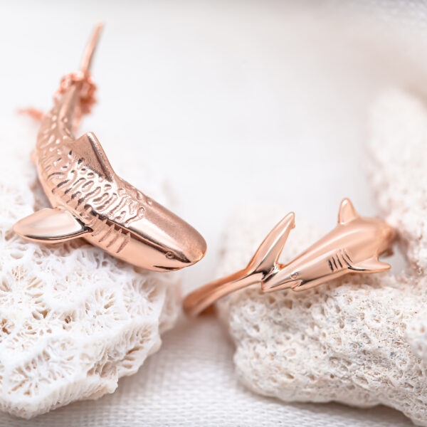 Tiger Shark Necklace and Reef Shark Ring in Rose Gold by World Treasure Designs