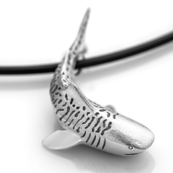 Silver Tiger Shark Necklace on Black Neoprene Chain by World Treasure