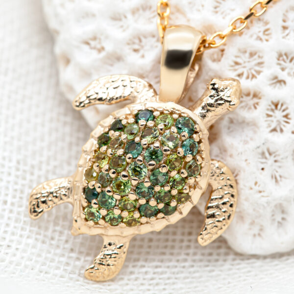 Green Sapphire Sea Turtle Gold Necklace by World Treasure Designs
