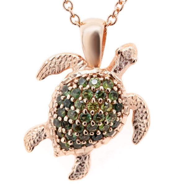 Rose Gold Sea Turtle Necklace with Sapphires by World Treasure Designs