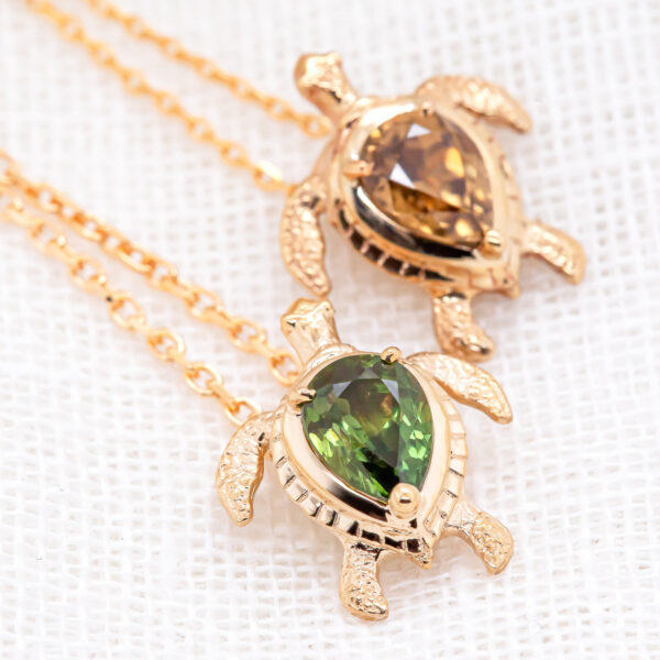 Gold Sea Turtle Necklace with Sapphire or Zircon by World Treasure Designs