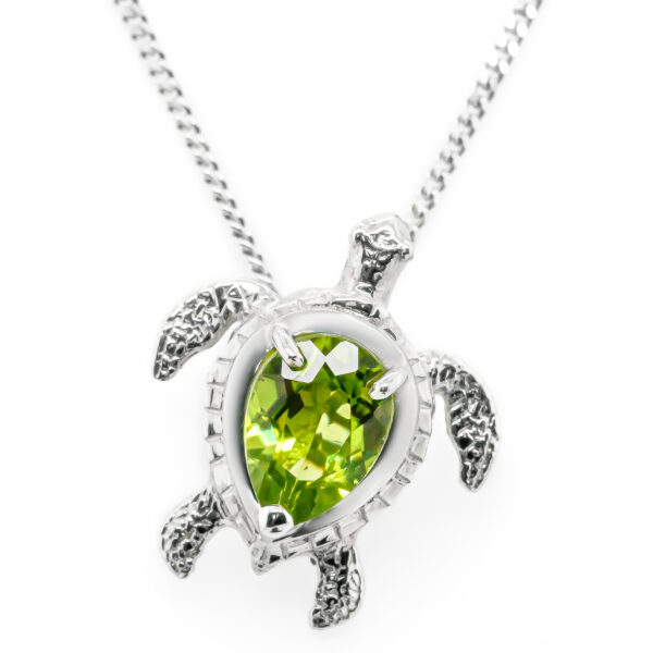 Green Sea Turtle Gemstone Necklace in Silver and Peridot by World Treasure Designs