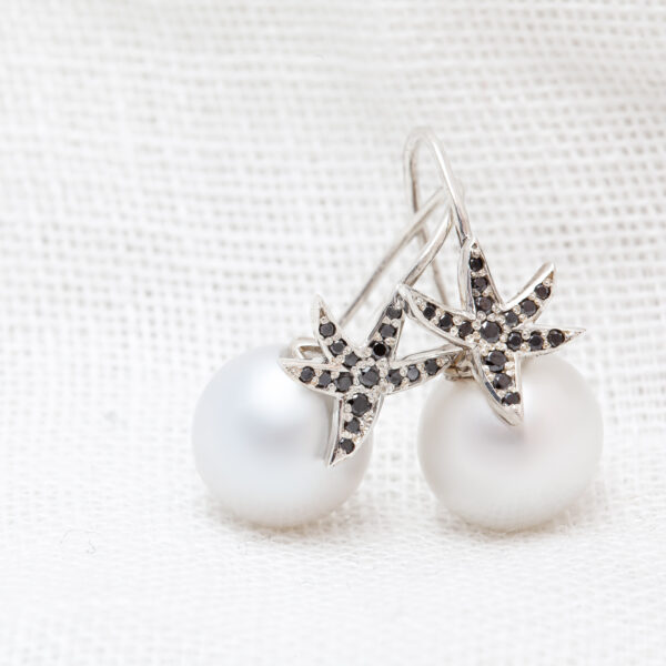 Ocean Earrings Starfish South Sea Pearl in Silver and Black Diamonds by World Treasure Designs