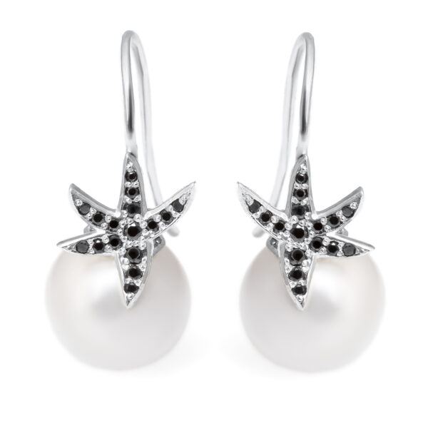 Sea Star Pearl Earrings in Silver and Black Diamonds by World Treasure Designs