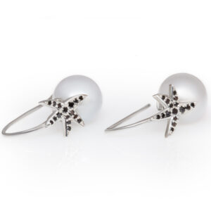 Silver Sea Star Pearl Earrings with South Sea Pearl and Black Diamonds by World Treasure Designs
