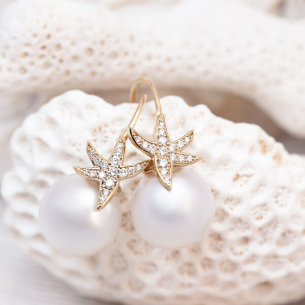 South Sea Pearl Gold Starfish Diamond Earrings by World Treasure Designs