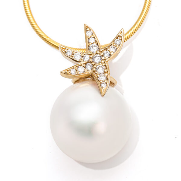 South Sea Pearl Pendant in Yellow Gold Diamond Studded Starfish by World Treasure Designs
