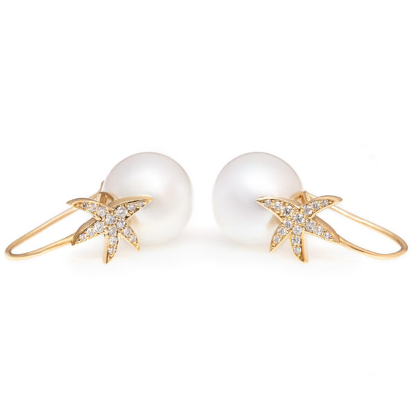 South Sea Pearl Sea Star Earrings in Yellow Gold and Diamonds by World Treasure Designs