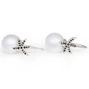 South Sea Pearl Starfish Earrings with Black Diamonds in Sterling Silver by World Treasure Designs