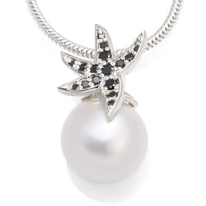 South Sea Pearl Starfish Pendant Necklace in Silver with Black Diamonds by World Treasure Designs