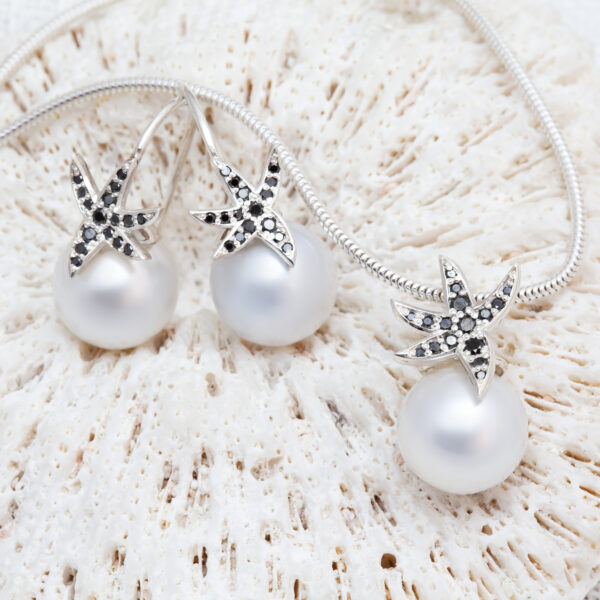 Starfish South Sea Pearl Necklace and Earrings Set in Silver with Black Diamonds by World Treasure Designs