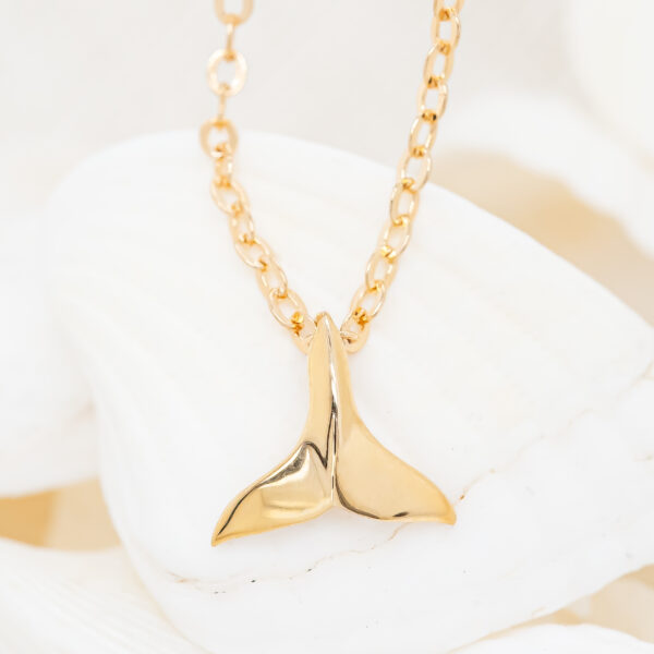 Tiny Whale Tail Fluke Necklace in Yellow Gold by World Treasure Designs