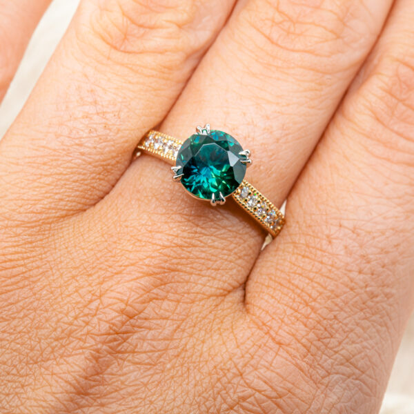 Australian Blue-Green Sapphire Ring with Diamonds in Yellow Gold by World Treasure Designs