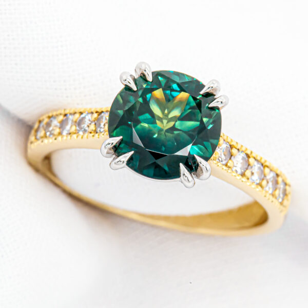 Australian Teal Sapphire Ring with Diamonds in Yellow Gold by World Treasure Designs