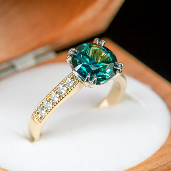 Teal Parti Sapphire Ring Australian Sapphire in Yellow Gold by World Treasure Designs