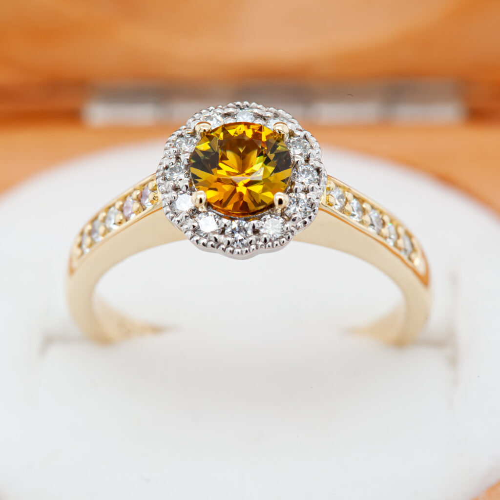 Orange Sunrise Australian Parti Sapphire Ring in Yellow Gold by World Treasure Designs