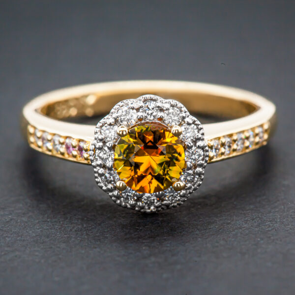 Sunrise Orange Parti Sapphire Ring Australian Sapphire in Yellow Gold by World Treasure Designs