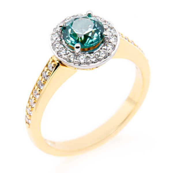 Aqua Light Teal Australian Sapphire Ring with Diamond Halo in Yellow Gold By World Treasure Designs