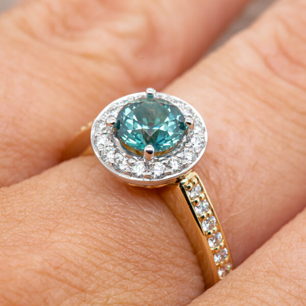 Aqua Teal Australian Sapphire Ring Ethical Engagement Ring with Diamonds in Yellow Gold By World Treasure Designs