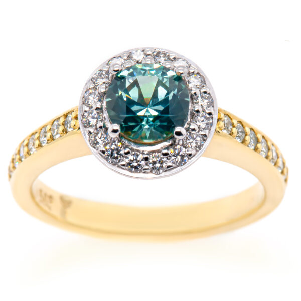 Aqua Teal Australian Sapphire Ring Diamond Halo in Yellow Gold By World Treasure Designs