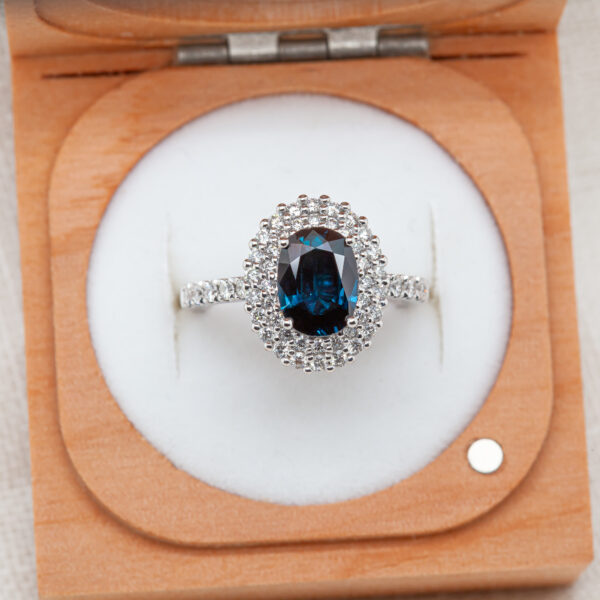 Australian Blue Sapphire Ring Vintage Double Halo Design in White Gold by World Treasure Designs